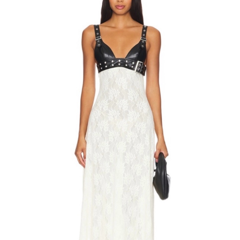 WeWoreWhat Black Leather and White Lace Dress